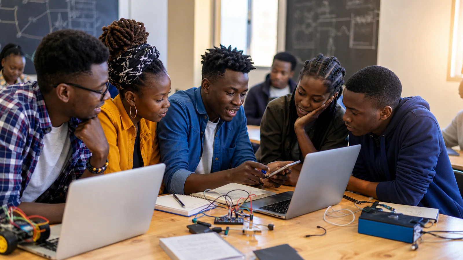 Kenyan technology students collaborating around a laptop